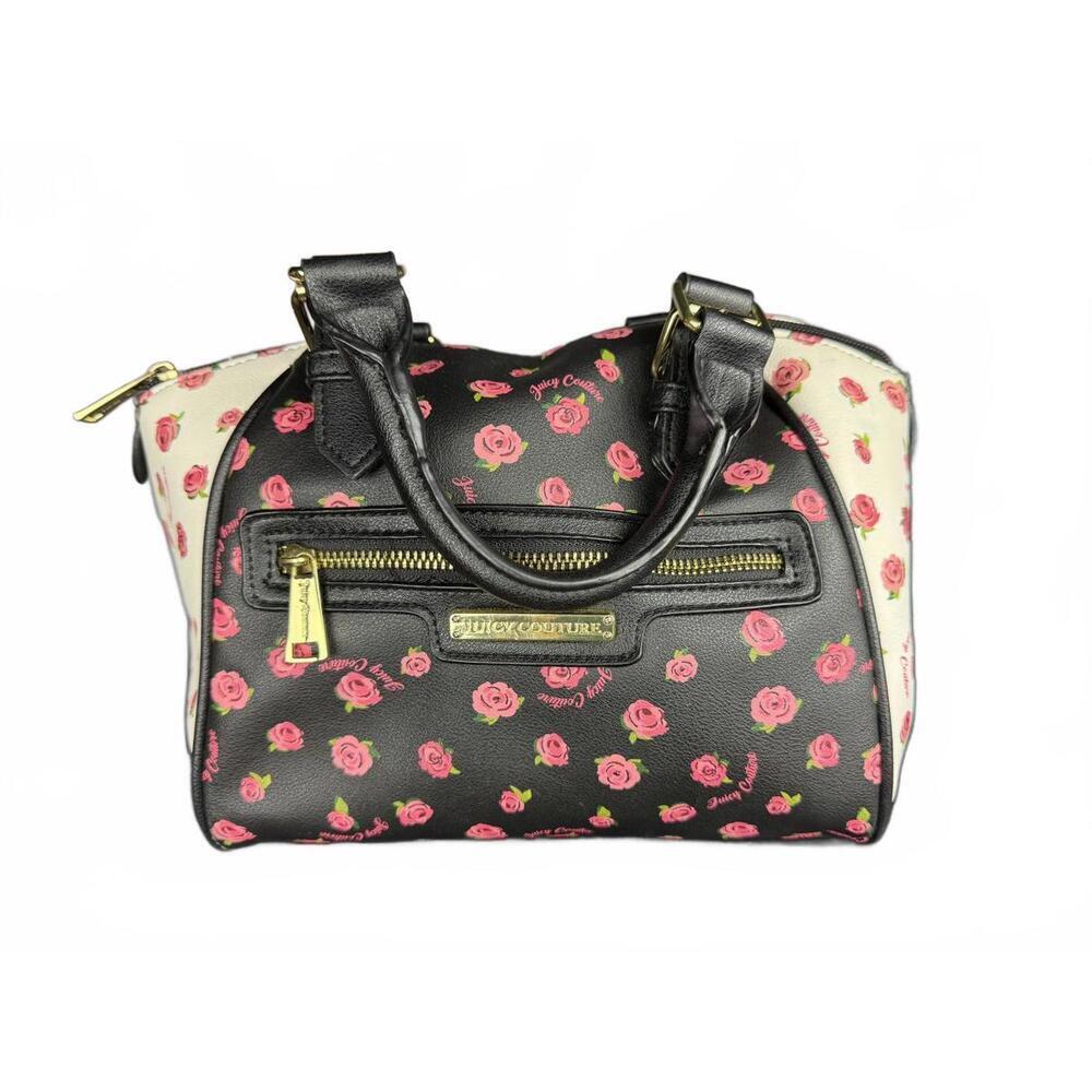 Juicy Couture Top Handle Satchel Womens Small Black Rose Zip Purse Excellent